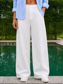 Perch - White Solid Linen Cotton Relaxed Fit Pant