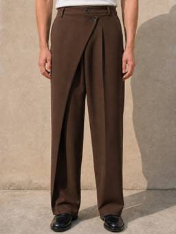 Perch - Brown Solid Banana Crepe Relaxed Fit Korean Pant