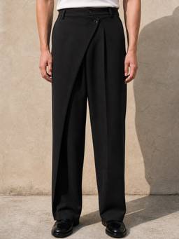 Perch - Black Solid Banana Crepe Relaxed Fit Korean Trouser