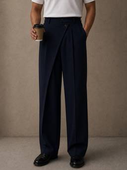 Perch - Navy Blue Solid Banana Crepe Relaxed Fit Korean Trouser