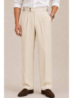 Perch - Cream Solid Straight Fit Double Buckle Gurkha Pant
