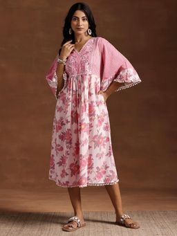 Libas - Pink Floral Printed High A Line Dress with Embroidered Yoke
