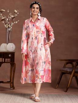 Libas - Peach Abstract Printed Panelled A Line Dress