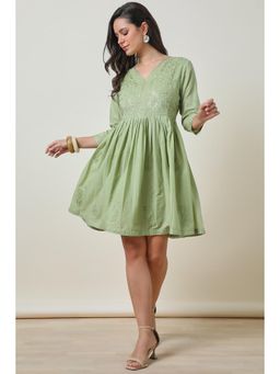 Soch - Womens Sap Green Cotton Embroidered Dress with Sequins