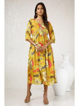 Soch - Womens Mustard Chinon Floral Print Dress with Sequins