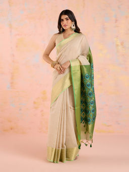 Likha - Off White Karigar Korner Khadi Cotton Jacquard Saree with Unstitched Blouse LIKKKPET01