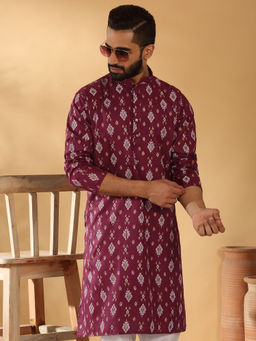 Kraft India - Cotton Blend Geometric Printed Burgundy Kurta
