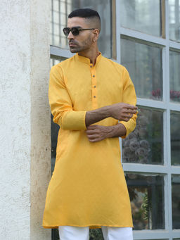 Kraft India - Cotton Blend Woven Self Design Yellow Kurta