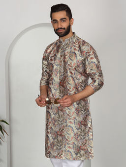 Kraft India - Silk Blend Floral Printed Beige Kurta