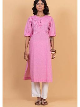 Okhai - Women's Hand Embroidered Pure Cotton Pink Kurta
