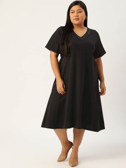 theRebelinme - Womens Black Solid Color Kardana Tape A-line Midi Dress