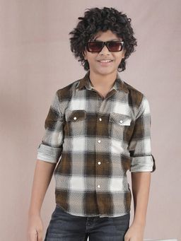 CRIMSOUNE CLUB - Boy's Brown Checked 100% Cotton Corduroy Shirt