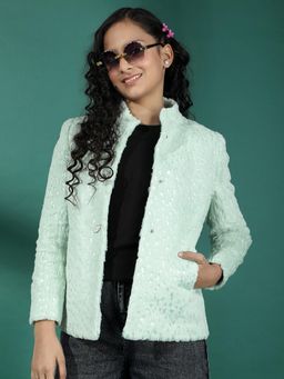 CRIMSOUNE CLUB - Girl's Green Embellished High Neck Fur Overcoat