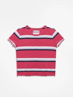 Tommy Hilfiger - Girls Striped Regular Fit Cotton T-Shirt - Red