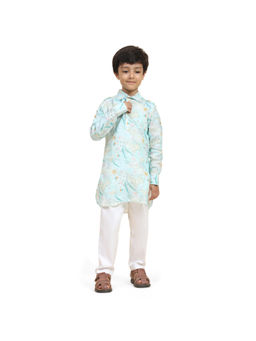 Funny Bones - Sky Blue Linen Waterlife Print Kurta Pyjama (Set of 2)