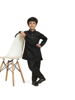 Funny Bones - Black Linen Solid Black Kurta Pyjama (Set of 2)