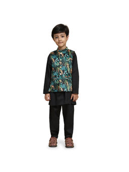 Funny Bones - Satin Black Leopard Print Kurta Pyjama with Jacket (Set of 3)