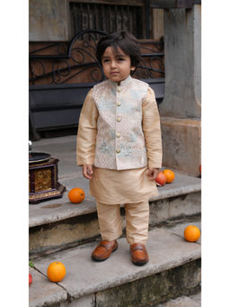 Funny Bones - Beige Silk Deer Embroidery Kurta Pyjama with Jacket (Set of 3)