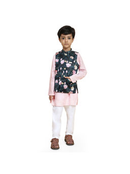 Funny Bones - Pink Silk Lotus Print Kurta Pyjama with Jacket (Set of 3)