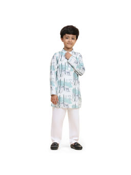 Funny Bones - White Linen Blend Deer Print Kurta Pyjama (Set of 2)