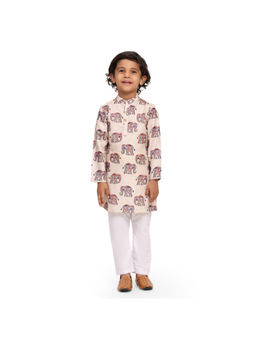 Funny Bones - Beige Linen Blend Royal Elephant Print Kurta Pyjama (Set of 2)