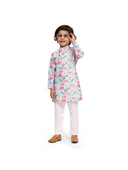 Funny Bones - Blue Linen Blend Animals Print Kurta Pyjama (Set of 2)