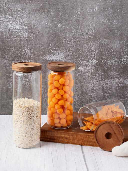 Bonhomie Pack of 3 Solid Round Glass Storage Jar with Wooden Lid