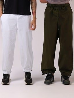 IZF - White and Olive Men Oversized Parachute Pants (Pack of 2)