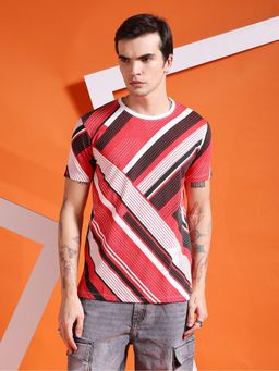 The Indian Garage Co - Men Slim Fit Red Geometric Print Round Neck T-Shirt