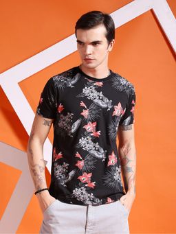 The Indian Garage Co - Men Slim Fit Black Tropical Print Round Neck T-Shirt