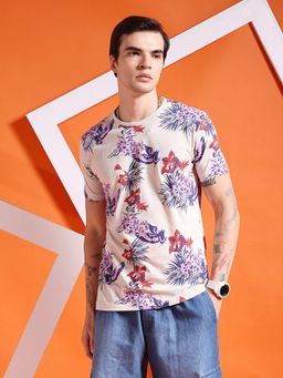 The Indian Garage Co - Men Slim Fit Beige Tropical Print Round Neck T-Shirt