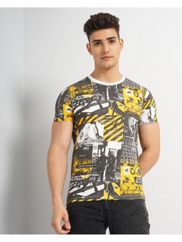 The Indian Garage Co - Men Slim Fit Yellow Abstract Printed Round Neck T-Shirt