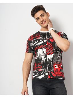 The Indian Garage Co - Men Slim Fit Red Abstract Printed Round Neck T-Shirt