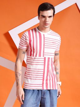 The Indian Garage Co - Men Slim Fit White Geometric Print Round Neck T-Shirt