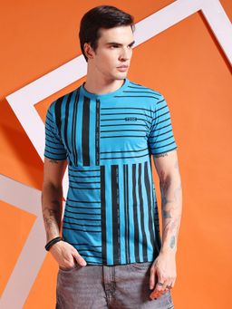 The Indian Garage Co - Men Slim Fit Blue Geometric Print Round Neck T-Shirt