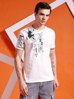 The Indian Garage Co - Men Slim Fit White Placement Print Round Neck T-Shirt