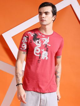 The Indian Garage Co - Men Slim Fit Red Placement Print Round Neck T-Shirt