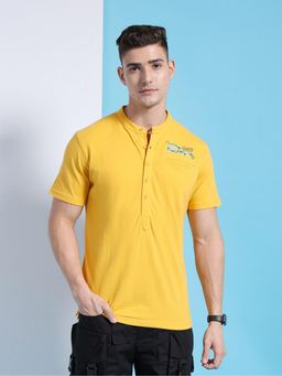 The Indian Garage Co - Men Slim Fit Placement Embroidery Henley T-Shirt