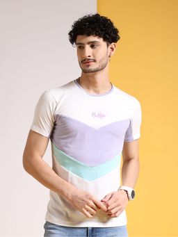 The Indian Garage Co - Men White Drop Shoulder Loose Fit Colorblock Round Neck T-Shirt