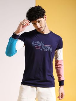The Indian Garage Co - Men Navy Blue Slim Fit Colorblock Round Neck T-Shirt