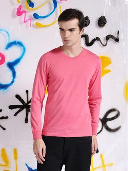 The Indian Garage Co - Men Pink Slim Fit Solid V-Neck T-Shirt