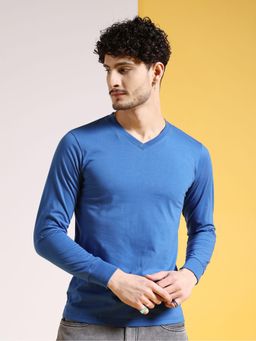 The Indian Garage Co - Men Blue Slim Fit Solid V-Neck T-Shirt