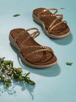 Inc.5 - Women Golden Ethnic Embellished Open Toe Slip-On Sandals