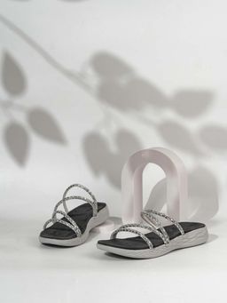 Inc.5 - Women Silver Ethnic Embellished Open Toe Slip-On Sandals