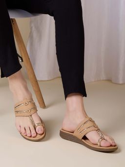 Inc.5 - Women Beige Ethnic Solid One Toe Flats Slip-On Sandals