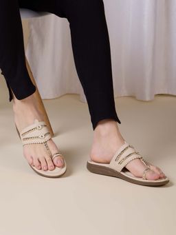 Inc.5 - Women Cream Ethnic Solid One Toe Flats Slip-On Sandals