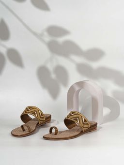 Inc.5 - Women Golden Ethnic Embellished One Toe Slip-On Flats