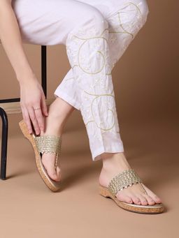 Inc.5 - Women Golden Ethnic Embellished Pattern T-Strap Slip-On Sandals