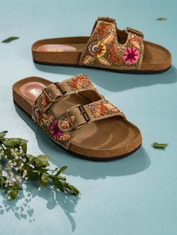 Inc.5 - Women Khaki Ethnic Floral Print Open Toe Slip-On Sandals