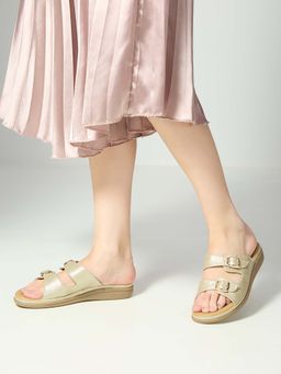 Inc.5 - Women Golden Ethnic Solid Open Toe Slip-On Flat Sandals